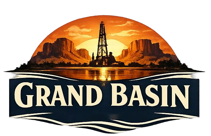Grand Basin emblem: a drilling derrick silhouetted against a desert sunset above the basin waters